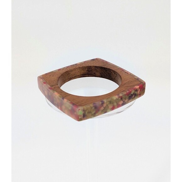 Vintage Bangle Bracelet Wood Lucite Brown Square Chunky Boho Chic Eclectic Artsy - Picture 4 of 11